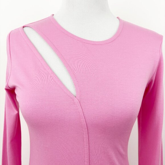 Marcella Seta Top Size S Pink Long Sleeve Asymmetric Cutout Crewneck Fitted - Picture 3 of 6